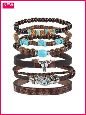 Unisex Western Bracelet Set, Bohemian Stackable Turquoise Beaded Leather Wrap